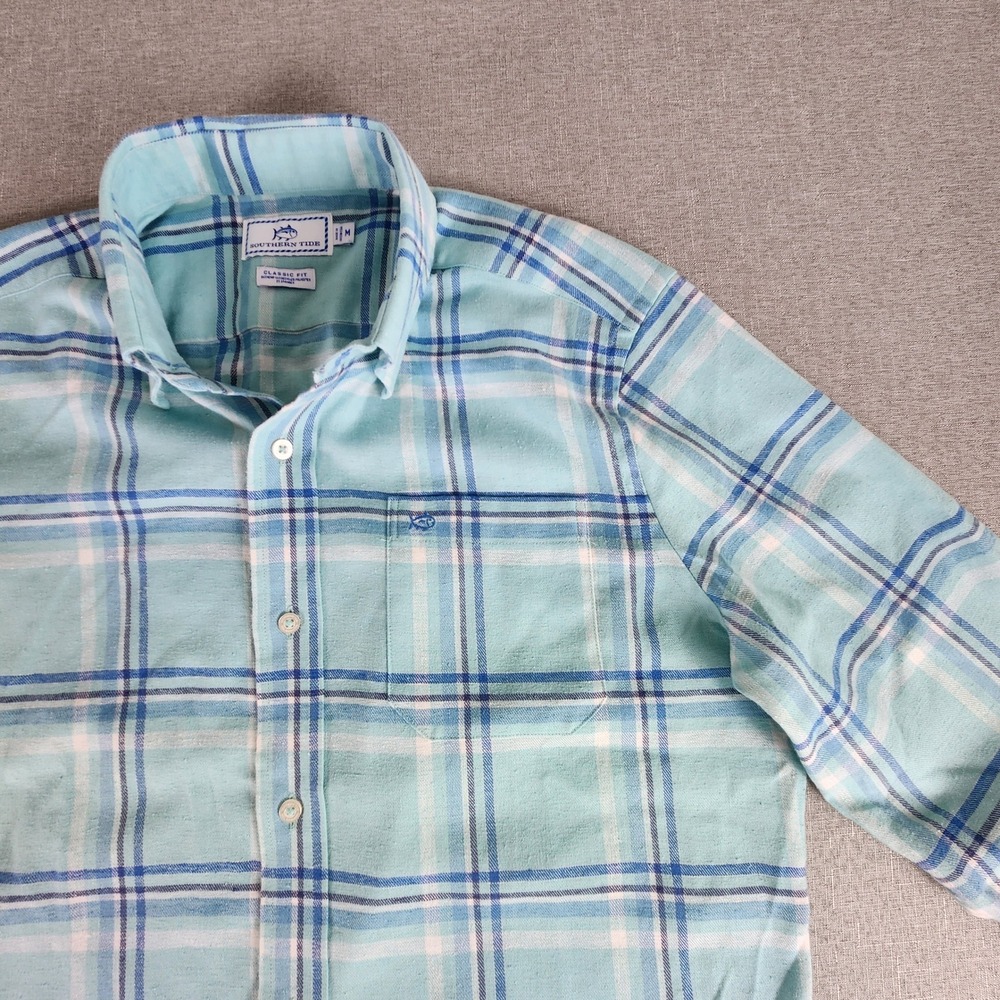 Southern Tide Men M Hemp Beach Flannel Plaid Button Down Shirt Mint Green Blue